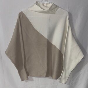 Tahari Cream and Tan Diagonal Turtleneck Sweater